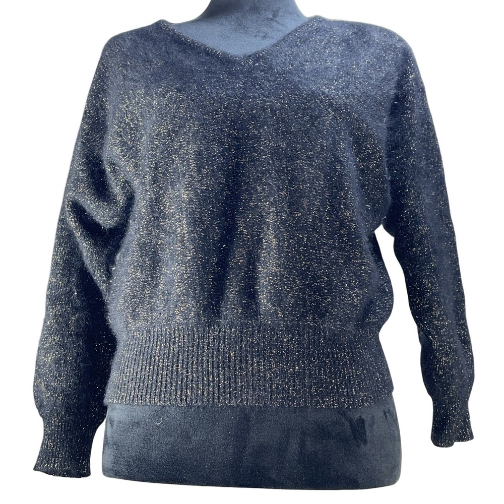 Black Gold Metallic Angora Lambswool V-Neck Sweater Size‎ P aoquette vintage